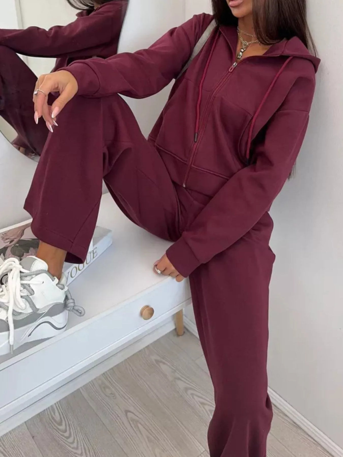 Zip-Up Hoodie and Wide-Leg Pants Set