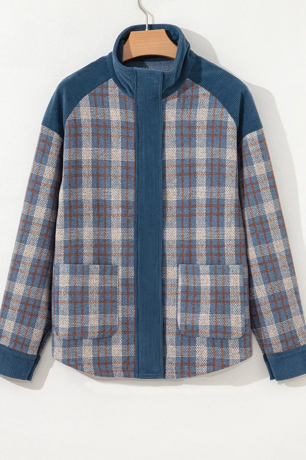 Plaid Corduroy Patchwork Collared Zip Up Snap Button Jacket, view 9