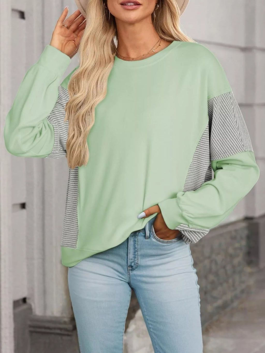 Striped Round Neck Long Sleeve Sweatshirt - Lilixa.store