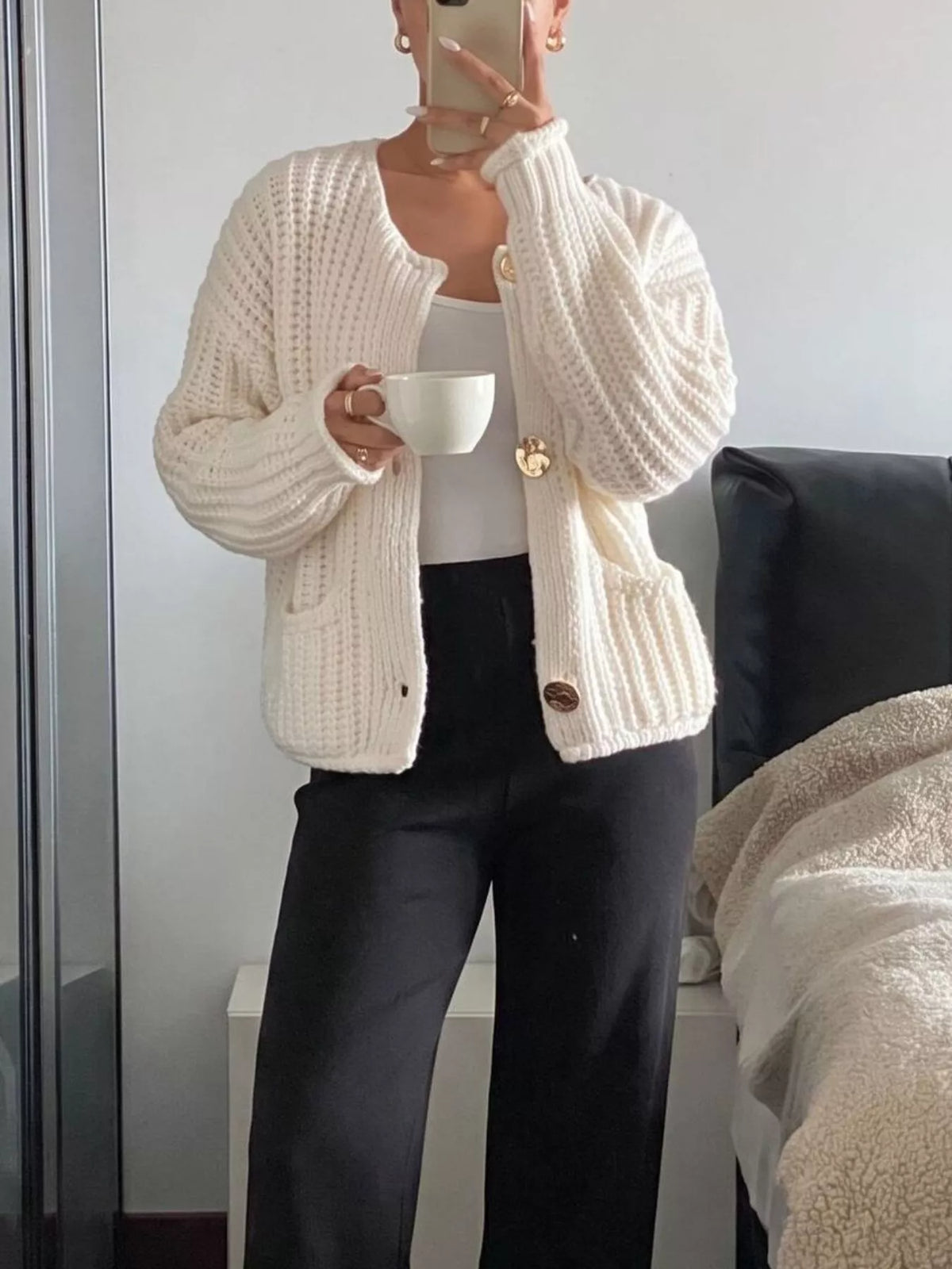 Ribbed Knit Cardigan with Gold-Tone Buttons, view 5