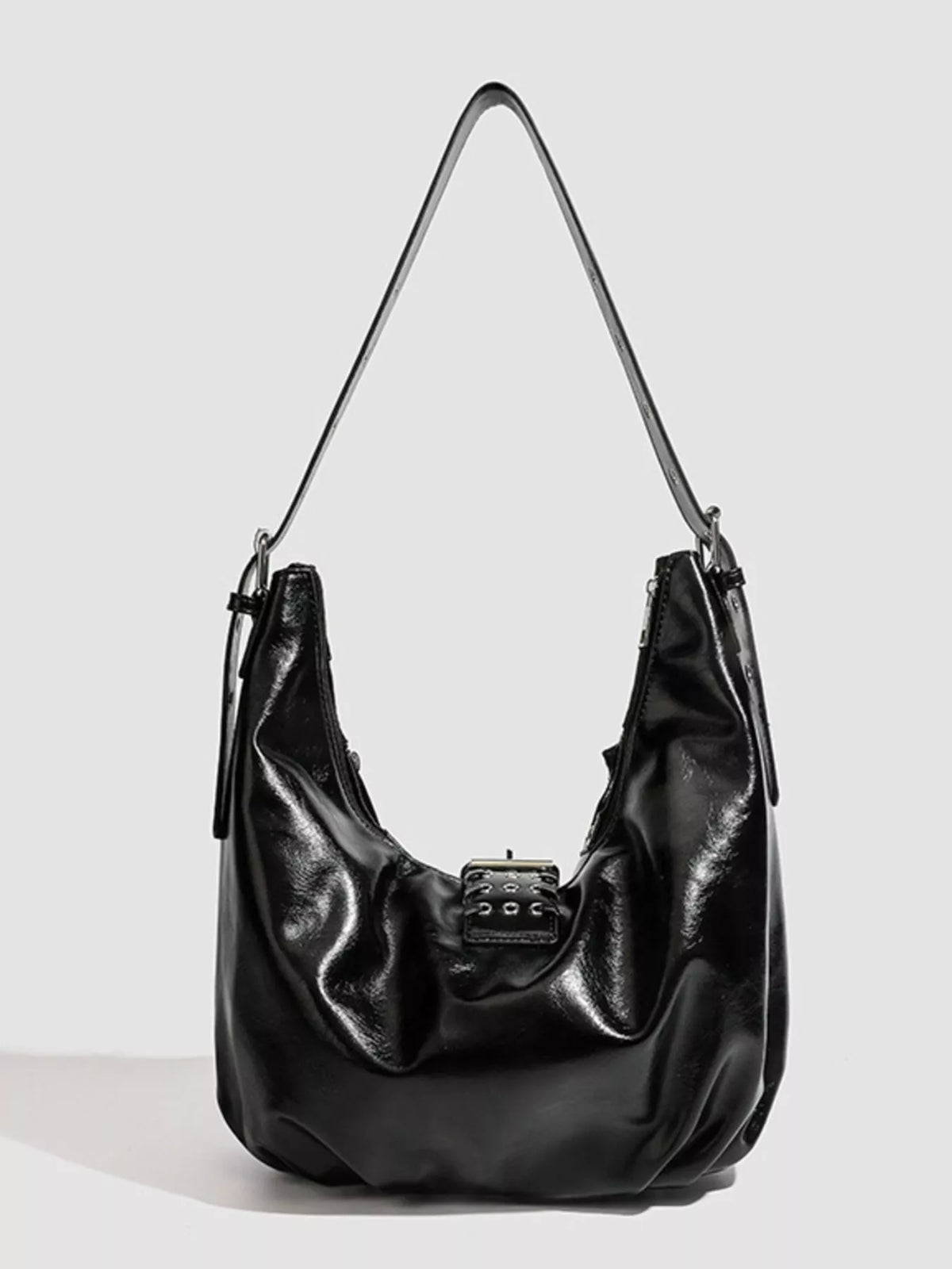 Studded Patent Leather Hobo Shoulder Bag in Black, view 3