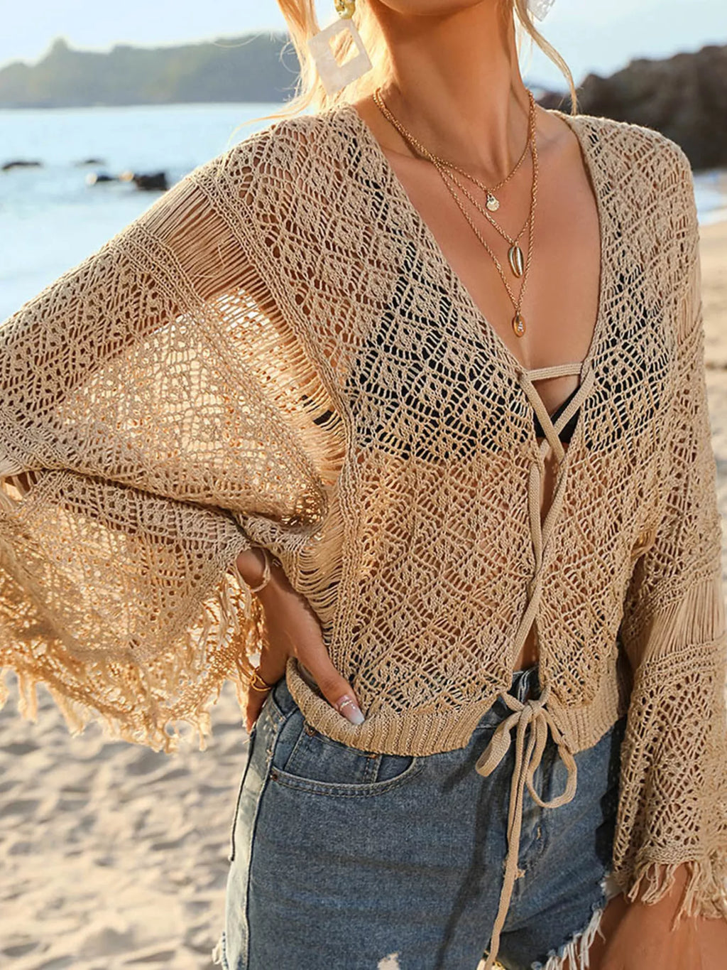 Crochet Knit Tie Front Cover-Up - Lilixa.store
