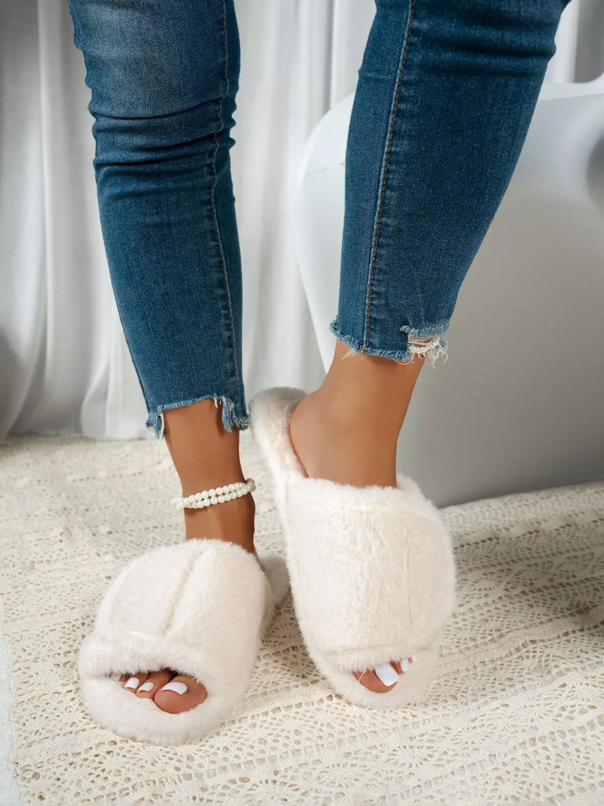 Fuzzy Open Toe Flats Slippers - Lilixa.store