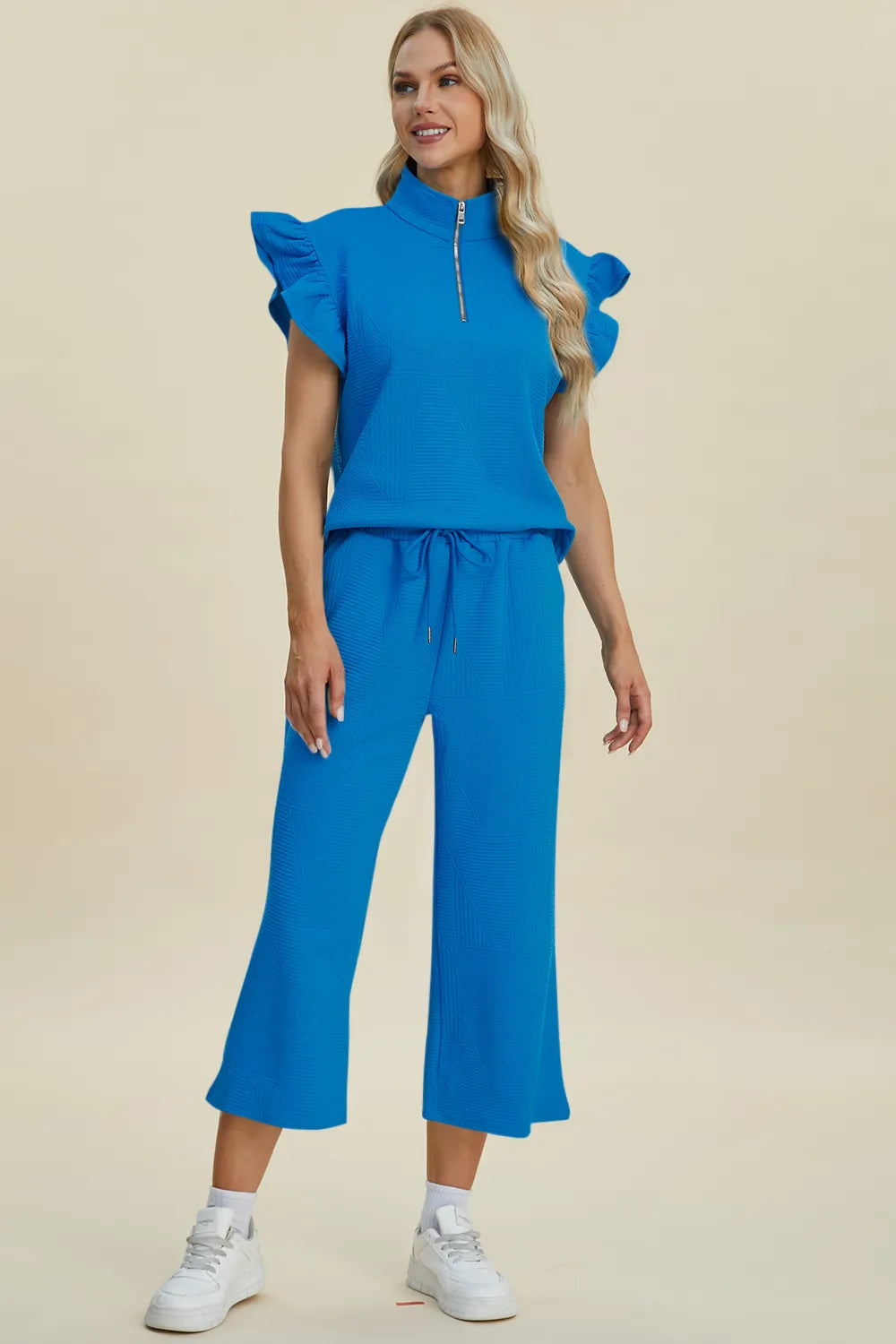 Double Take Full Size Texture Ruffle Short Sleeve Top and Wide Leg Pants Set, view 20