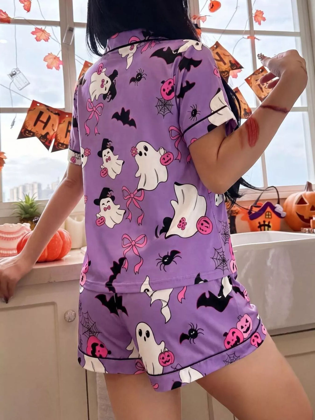 Halloween Ghost Print Button-Down Top and Shorts Lounge Set - Lilixa.store