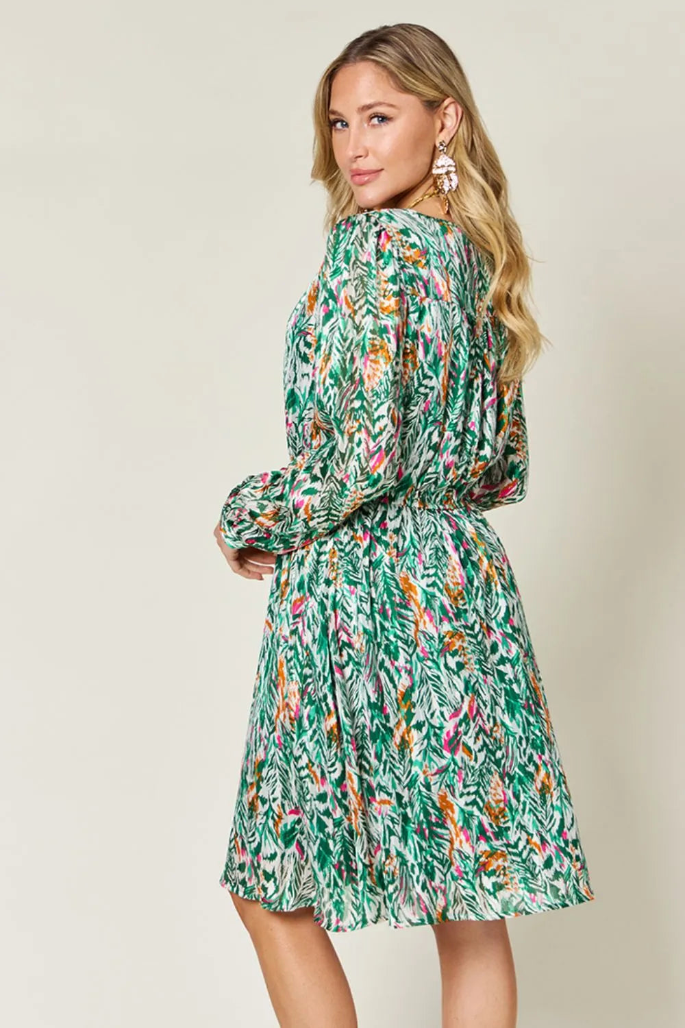 Double Take Full Size Printed Drawstring Waist Long Sleeve Dress - Lilixa.store
