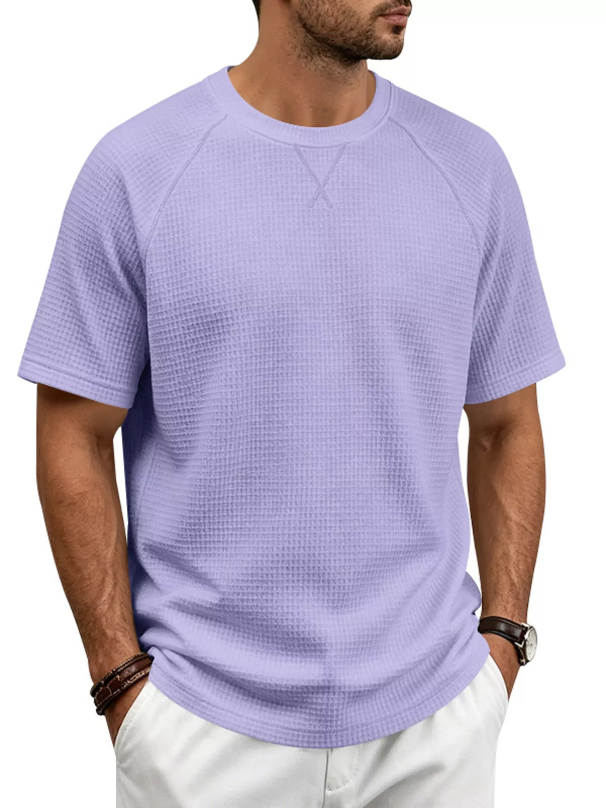 Men's Full Size Waffle Knit Raglan Short Sleeve T-Shirt Plus Size - Lilixa.store