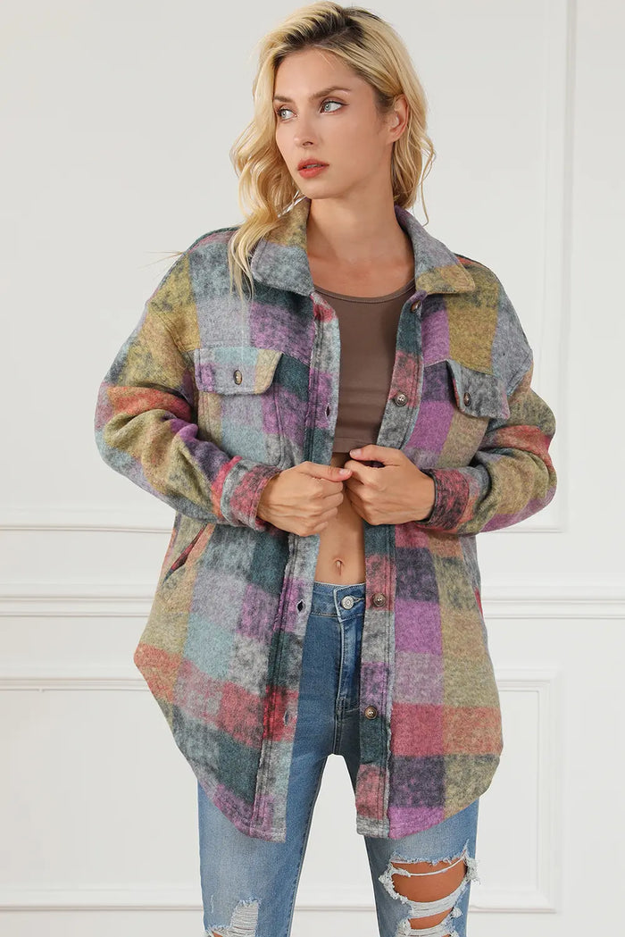 Plaid Collared Neck Button Front Jacket in Multicolor