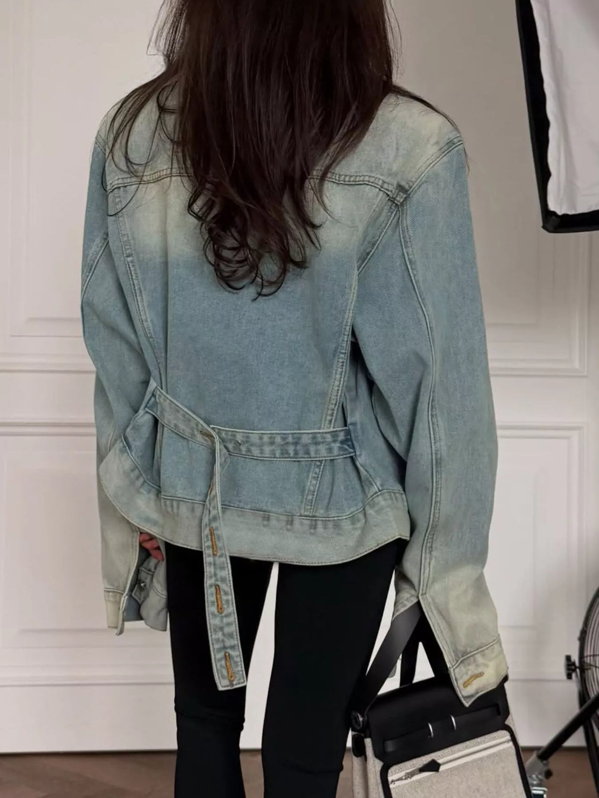 Vintage Wash Belted Denim Jacket in Blue, view 4