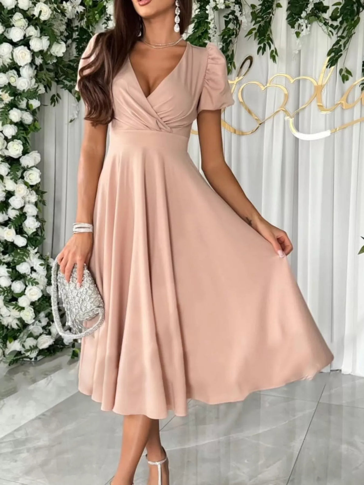 Surplice Puff Sleeve Midi Dress in Watermelon pink
