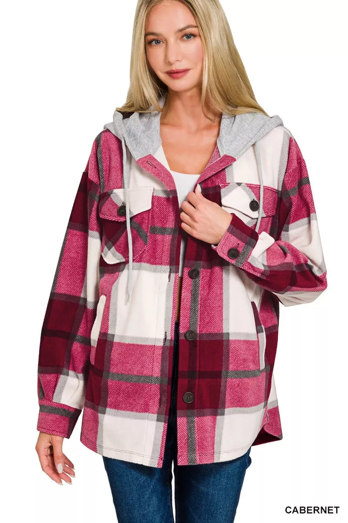 Zenana Plaid Drawstring Hooded Fleece Shacket in Cabernet