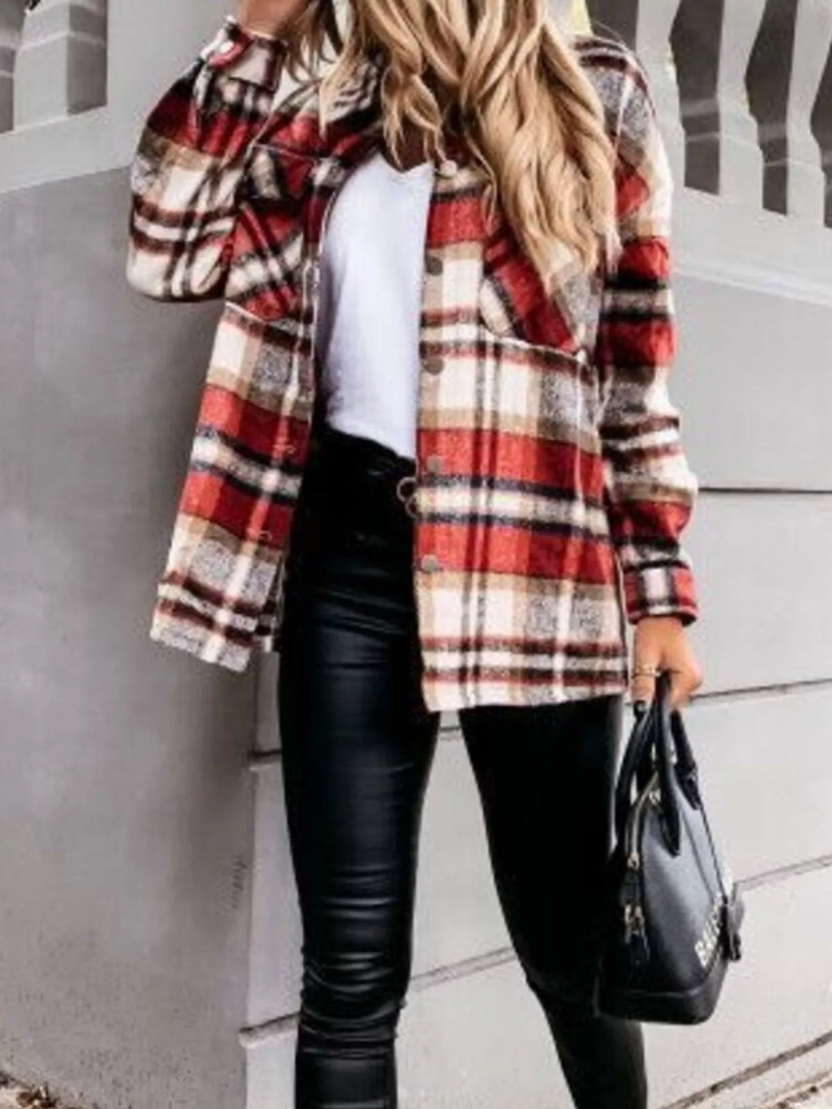 Plaid Button-Down Long Sleeve Shacket, view 6