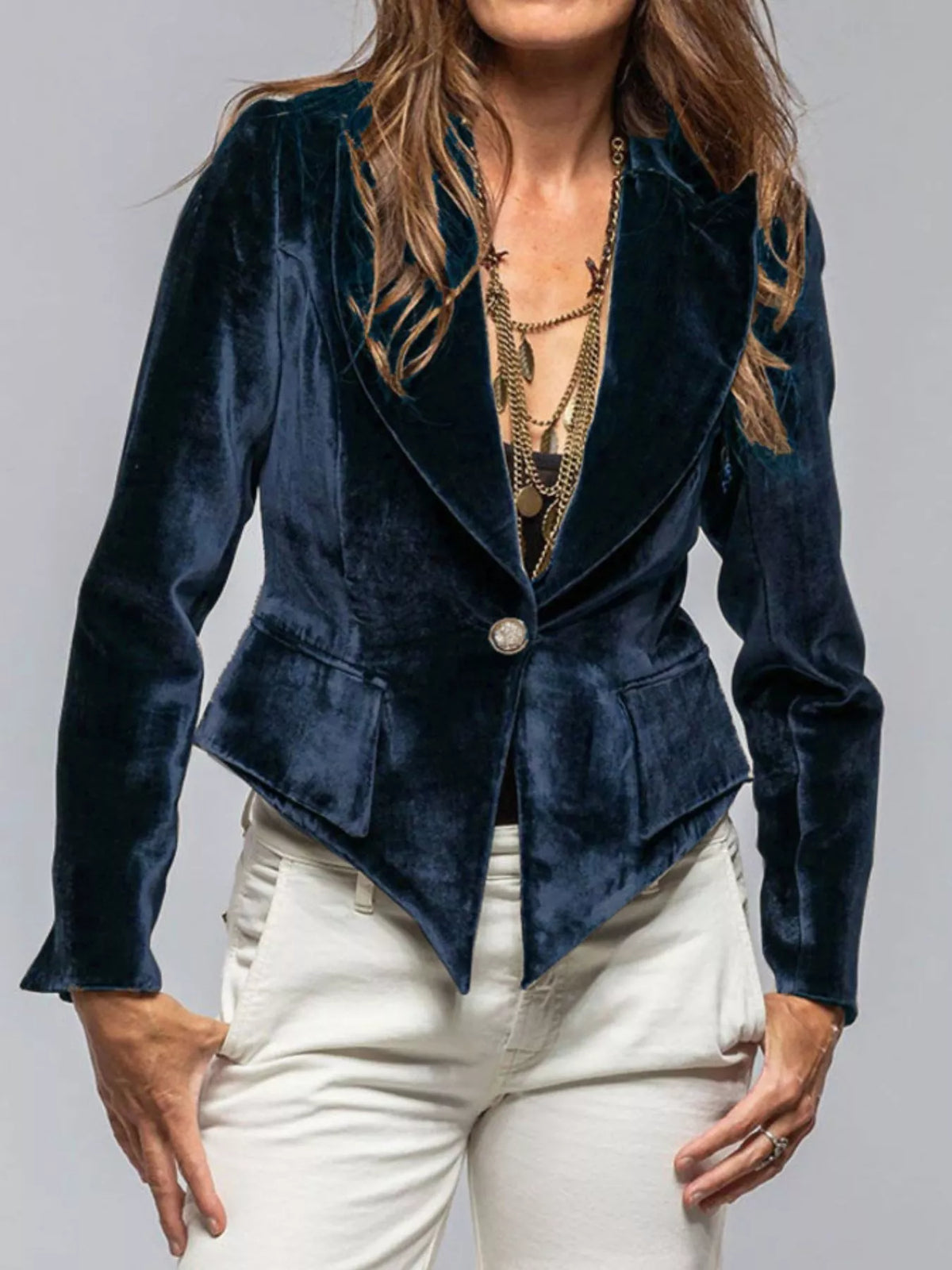 Velvet Lapel Collar One Button Blazer - Lilixa.store