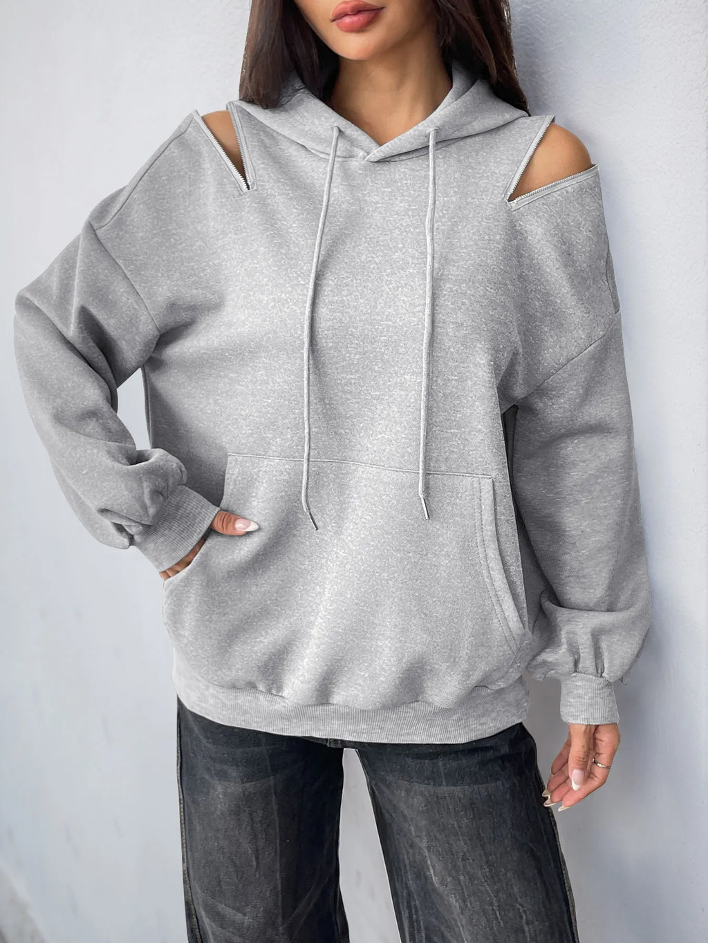 Drawstring Zip Detail Cold Shoulder Hoodie - Lilixa.store
