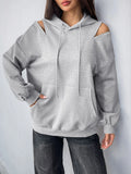 Drawstring Zip Detail Cold Shoulder Hoodie - Lilixa.store