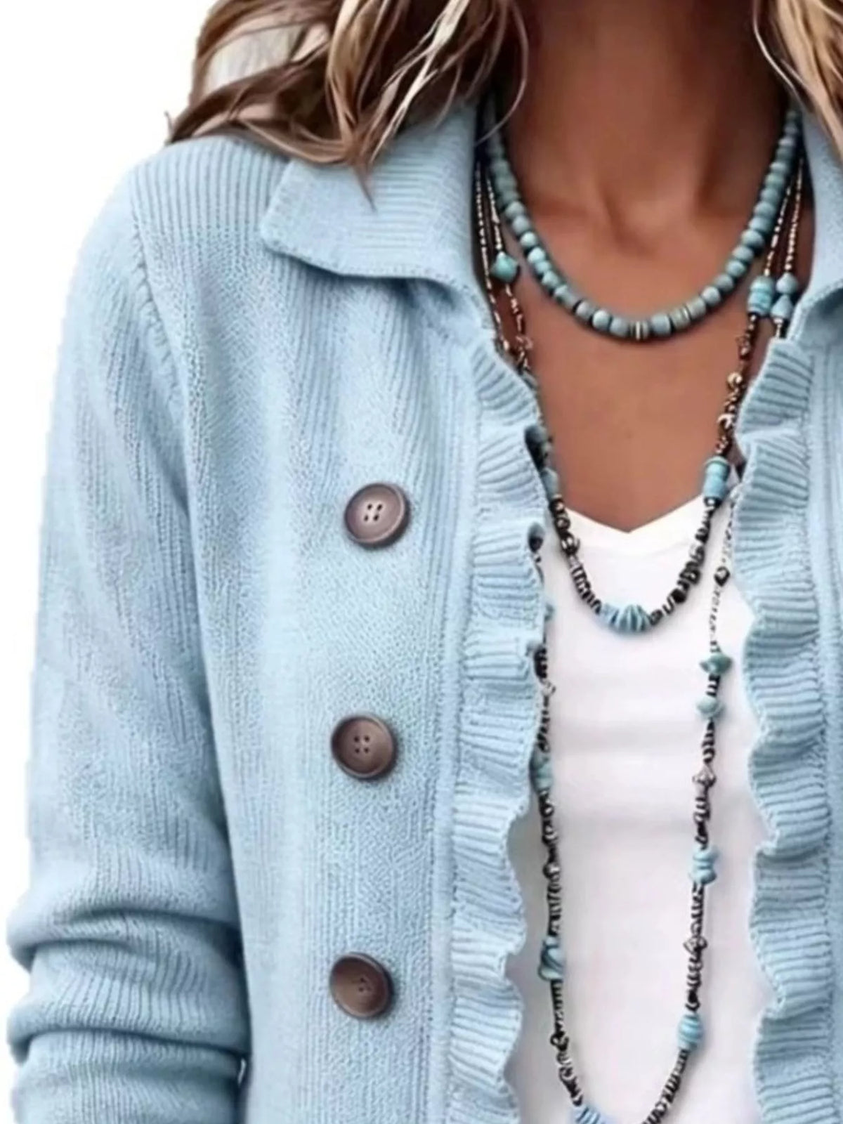 Full Size Ruffled Trim Decorative Button Cardigan Plus Size - Lilixa.store