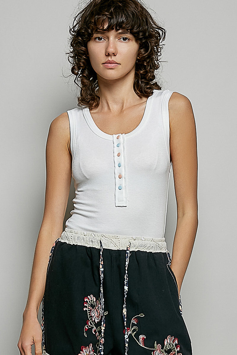 POL Colorful Button Round Neck Ribbed Tank - Lilixa.store
