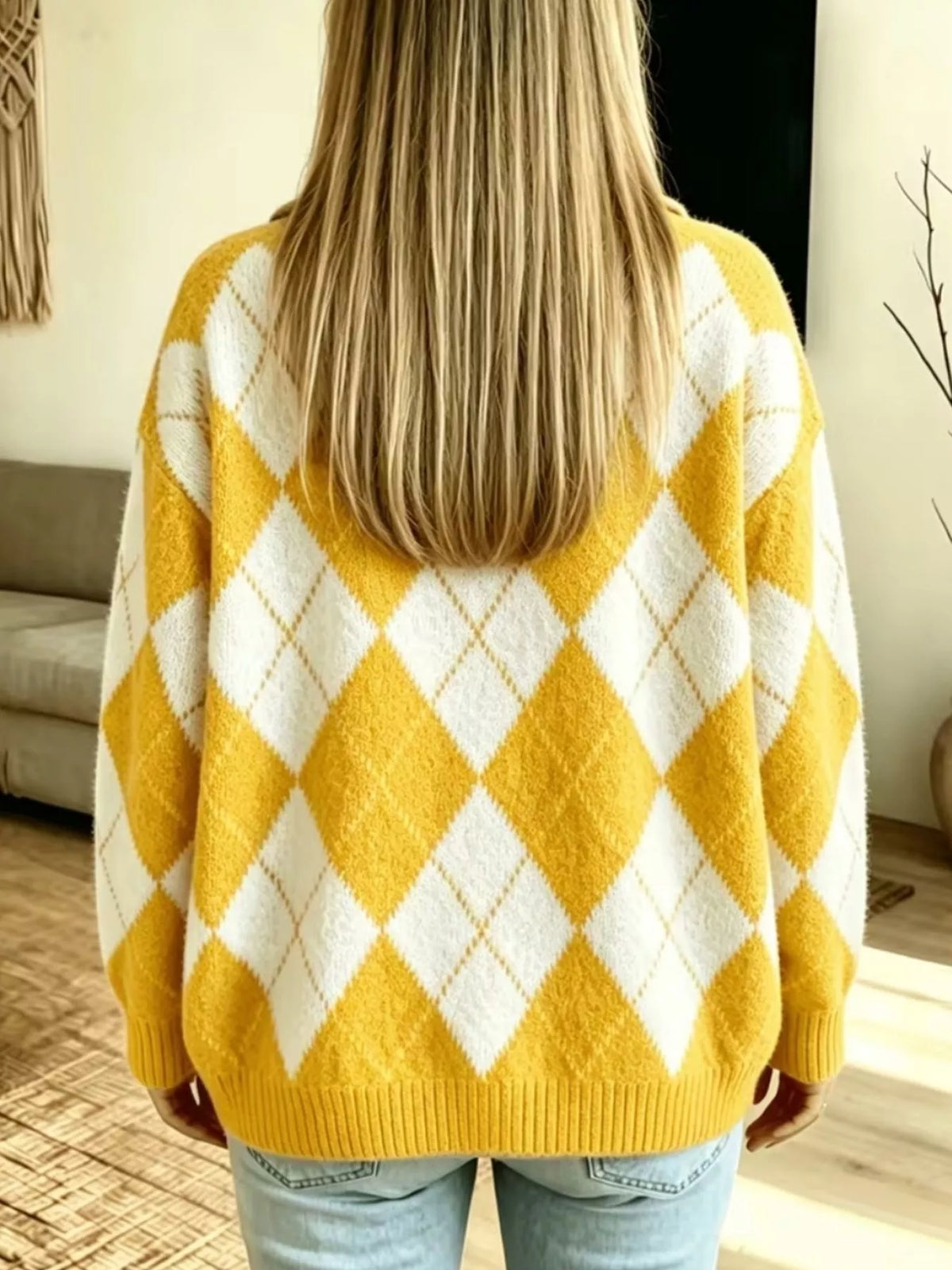 Argyle Pattern Collared Pullover Sweater, view 6