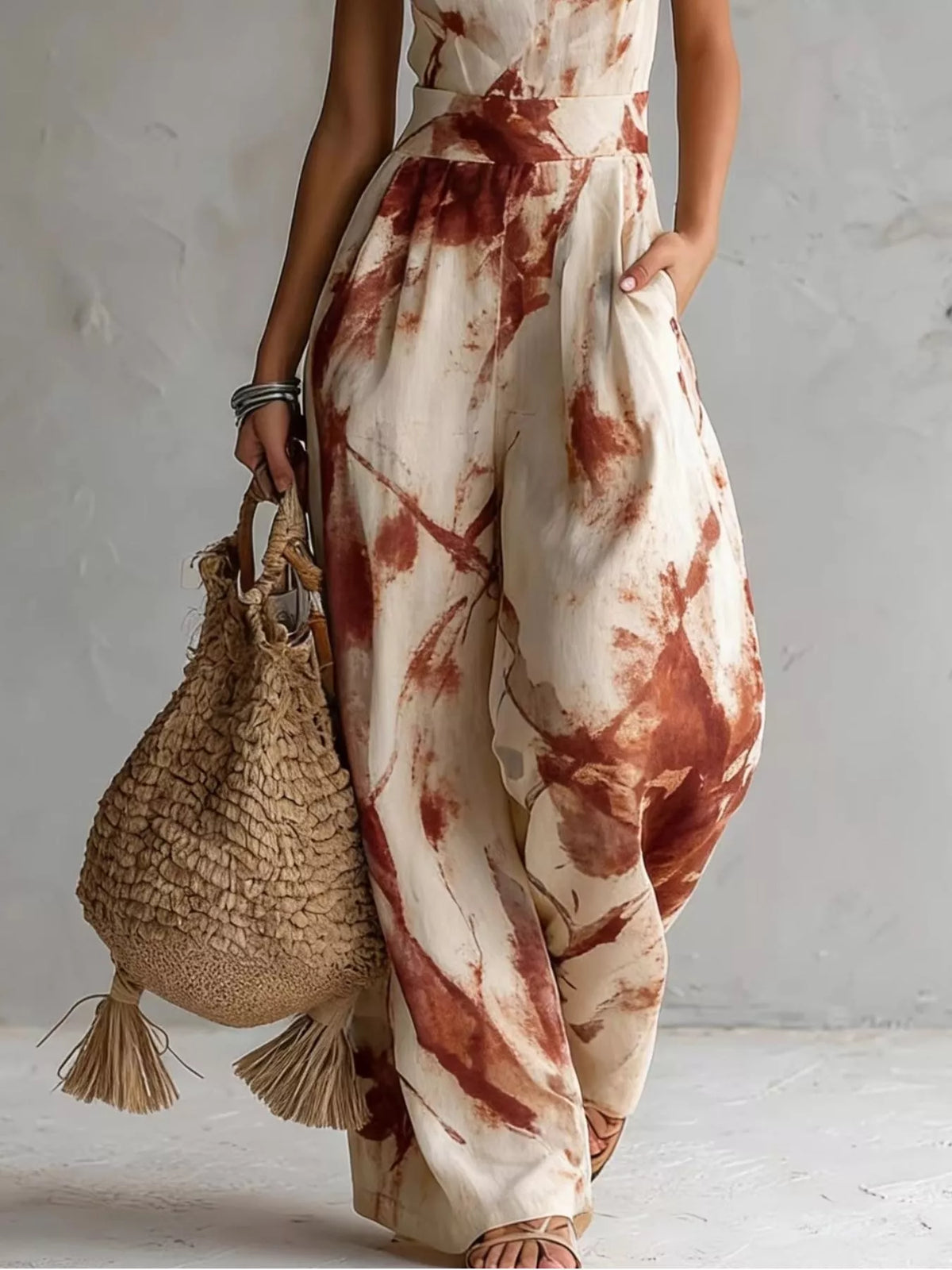 Ink Wash Print Halter Neck Wide-Leg Jumpsuit
