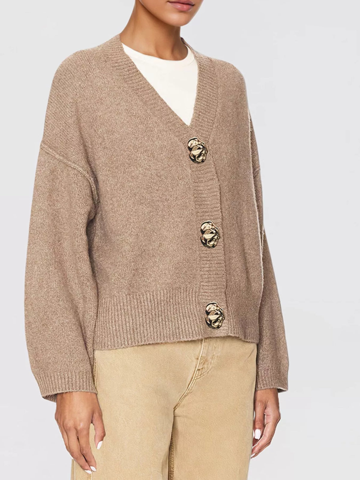 Gold Buttons V-Neck Cardigan - Lilixa.store