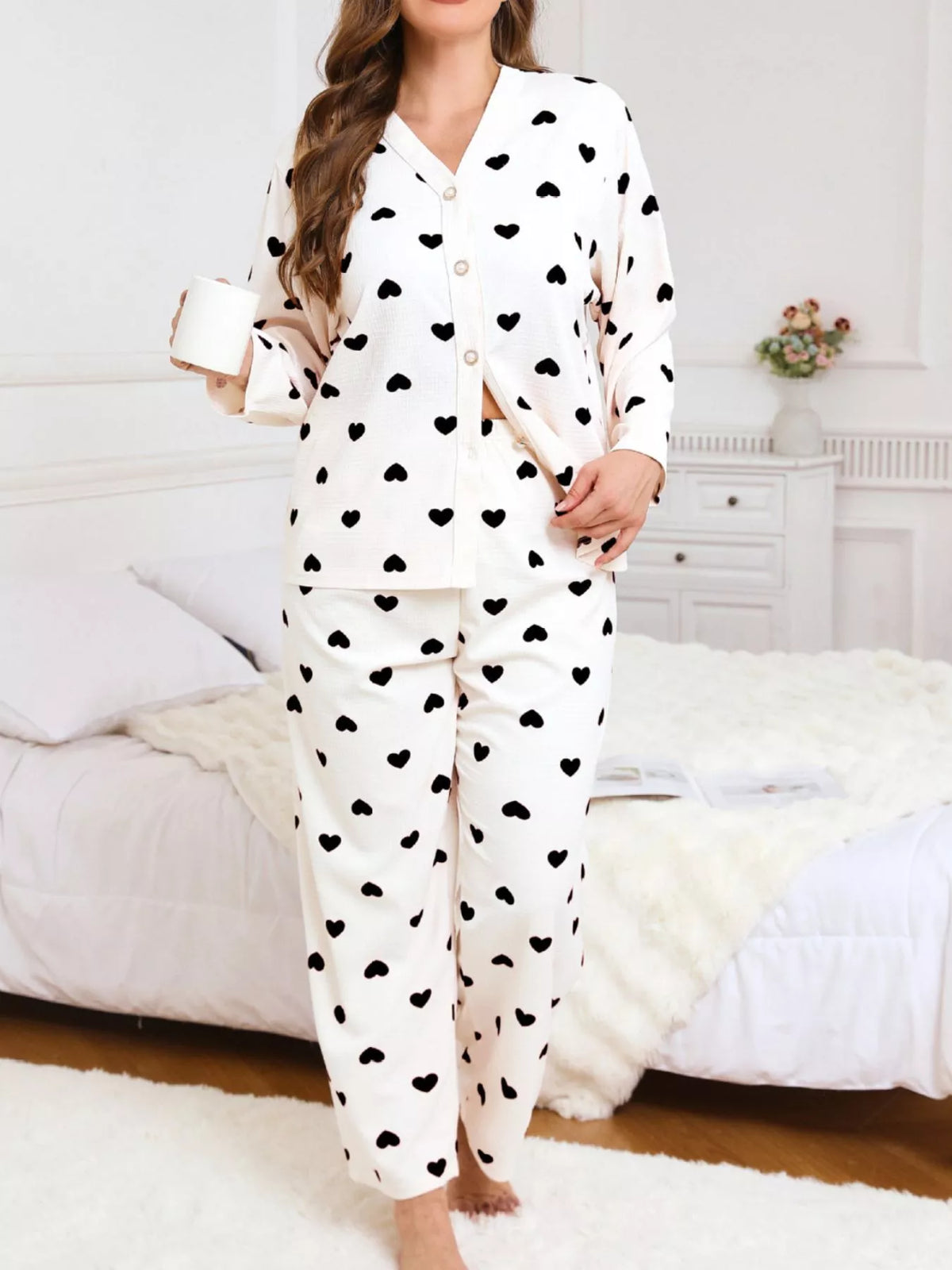 Plus Size Heart Print Button-Down Top and Pants Set