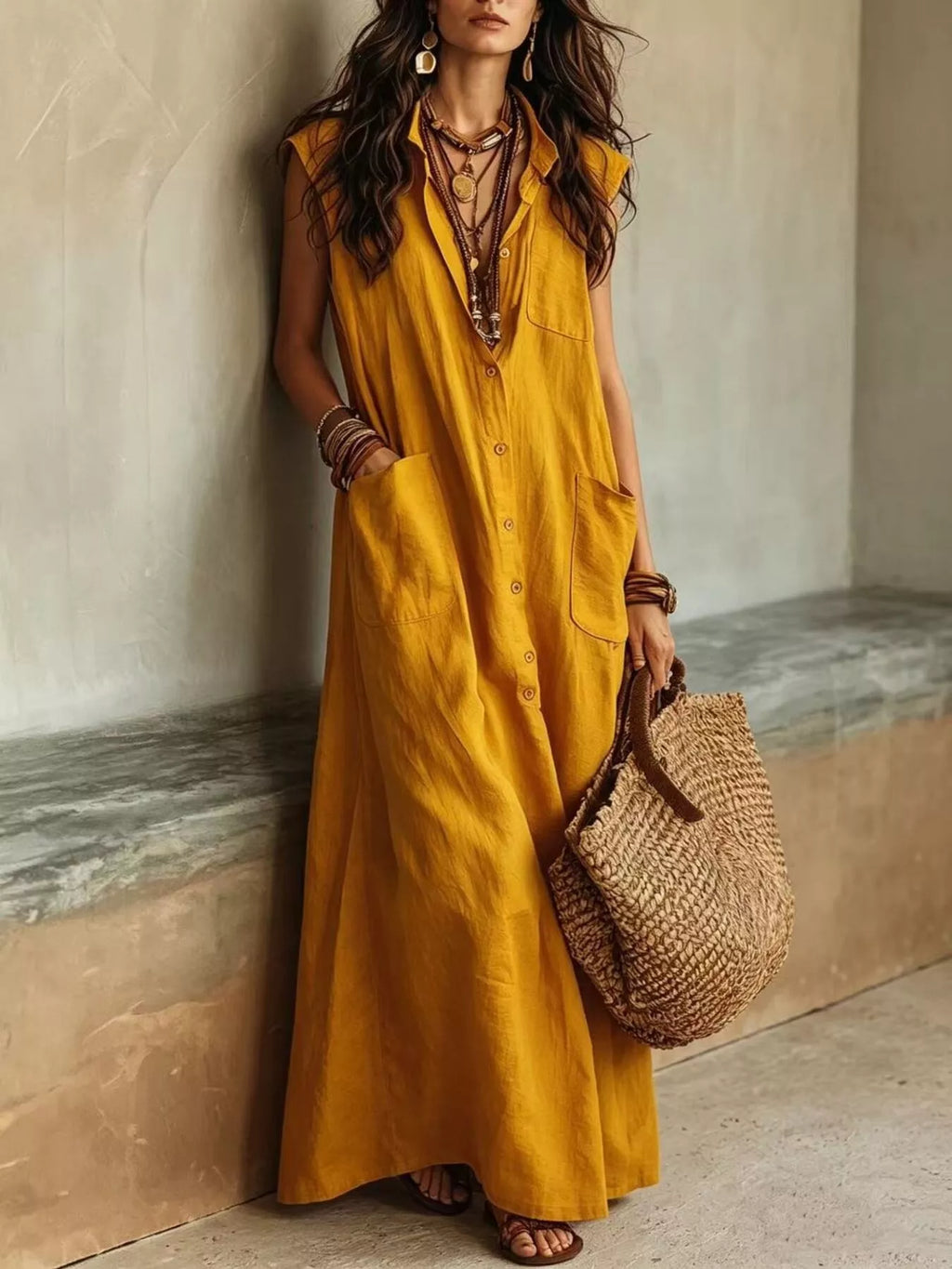 Sleeveless Button-Down Linen Maxi Dress - Lilixa.store