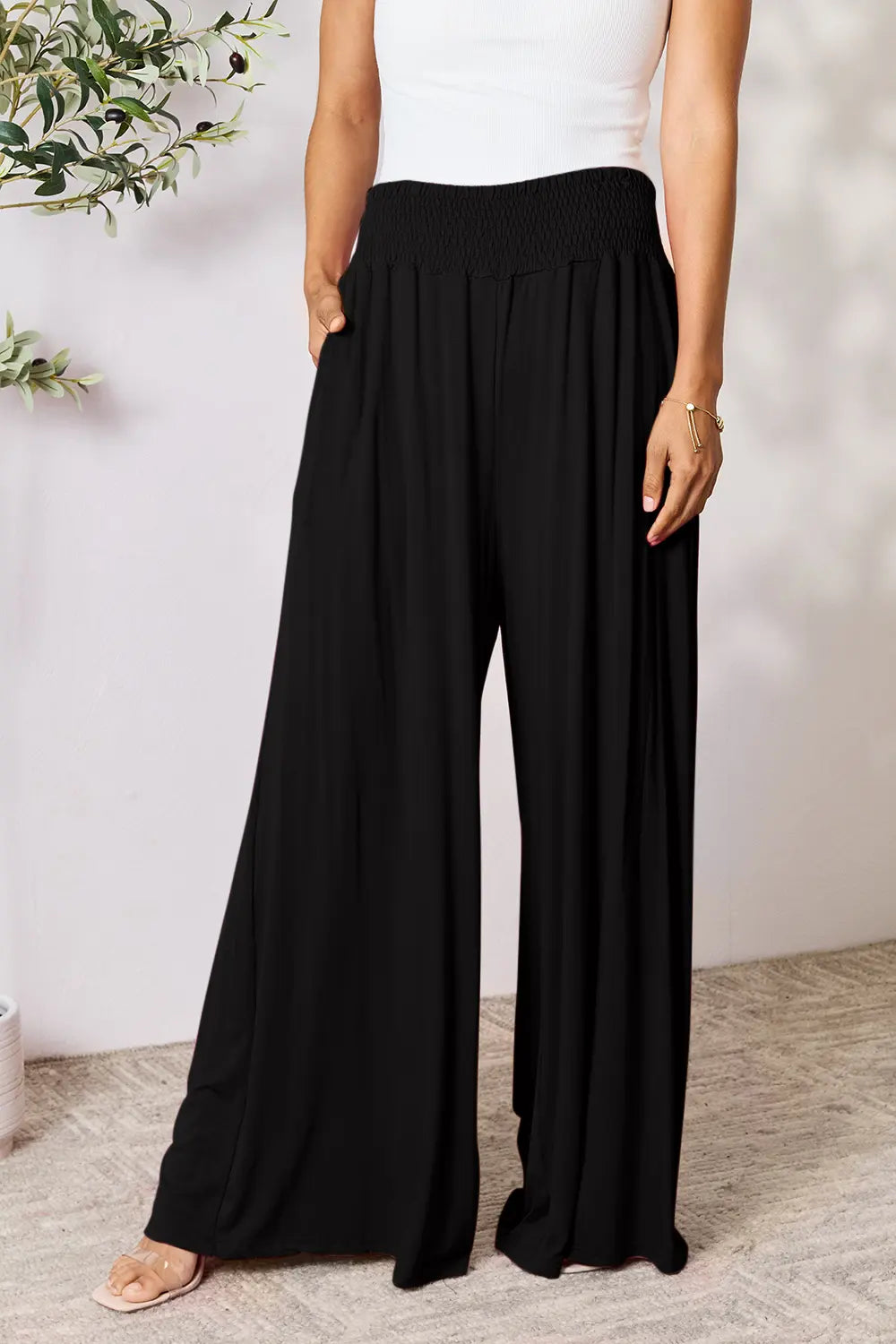 Basic Bae Full Size Smocked Wide Waistband Wide Leg Pants in Black