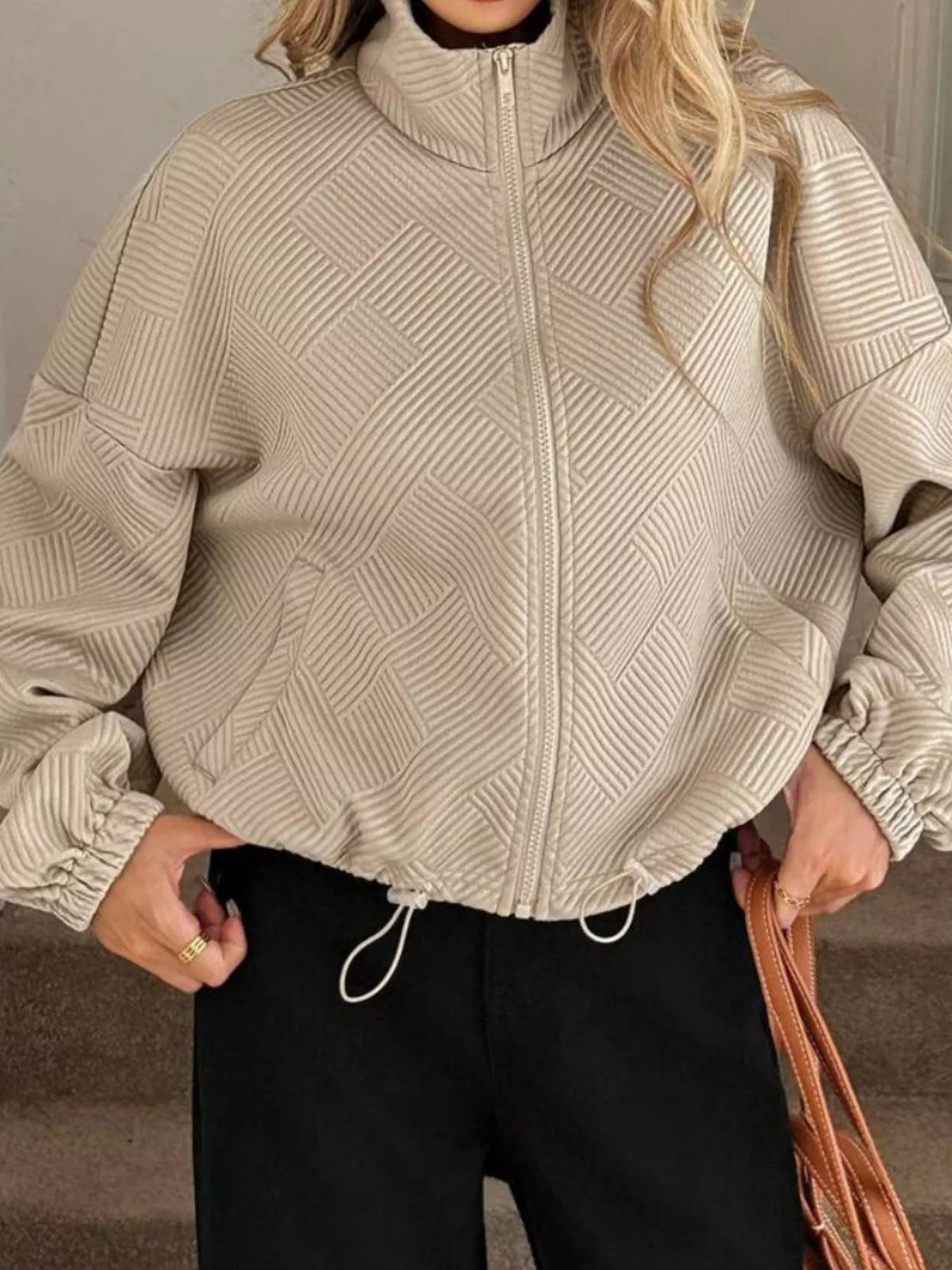 Textured Zip-Up Drawstring Hem Jacket, view 2