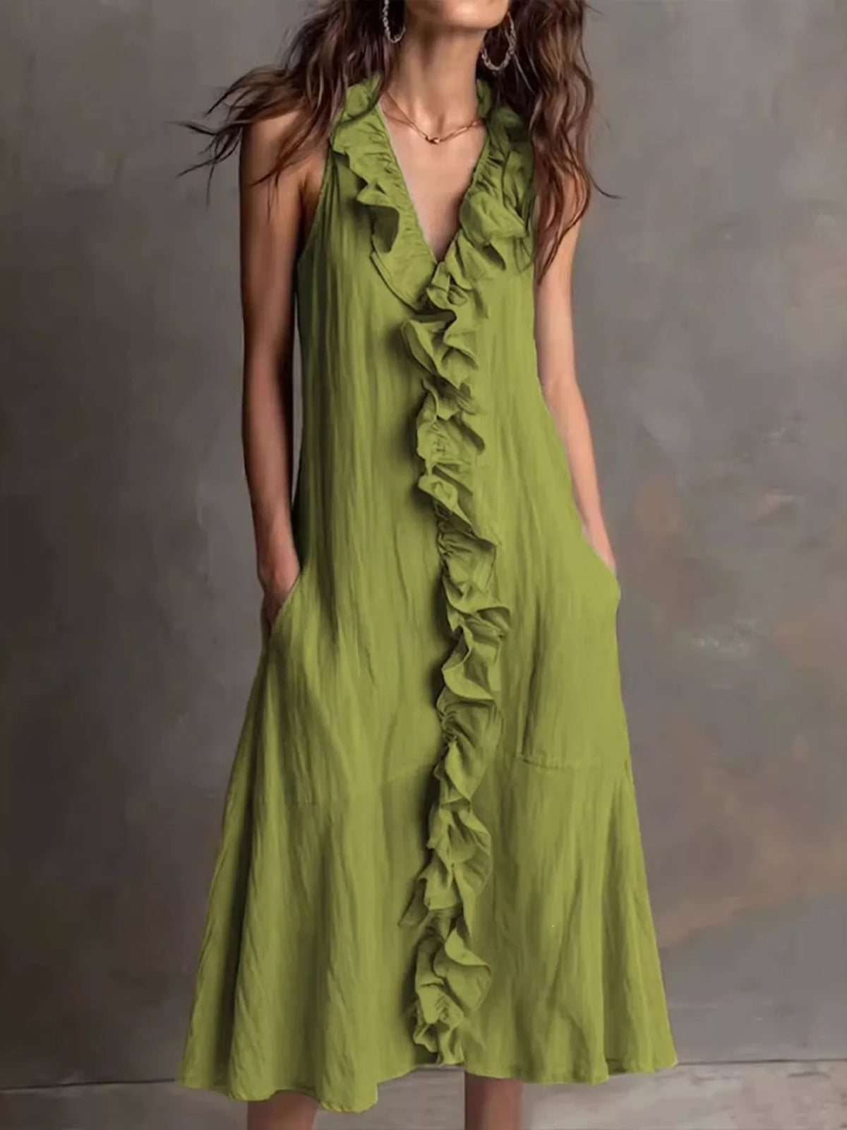 Sleeveless Ruffle Trim V-Neck Midi Dress in Army Green