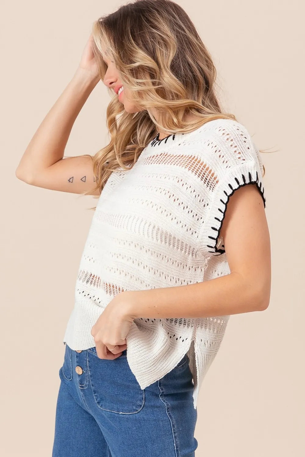 BiBi Stitch Edge Pointelle Side Slit Sweater Vest in Ivory/Black, view 3