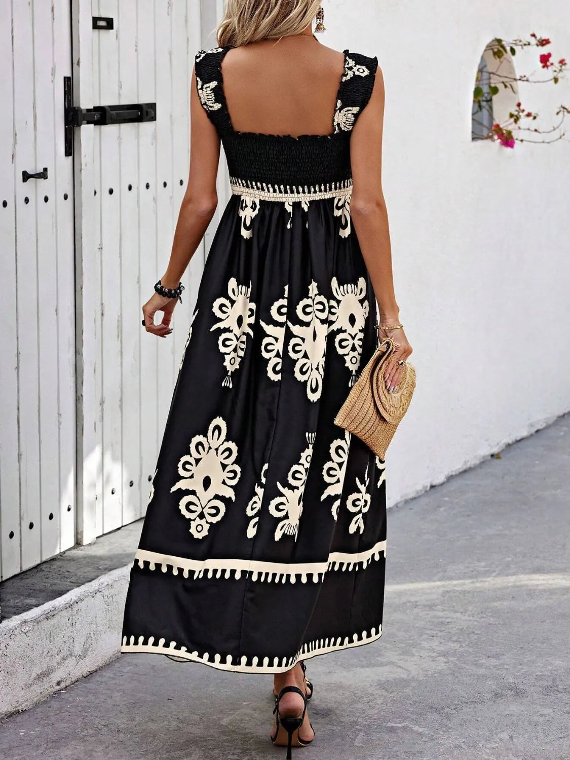 Smocked Printed Wide Strap Maxi Dress, view 4