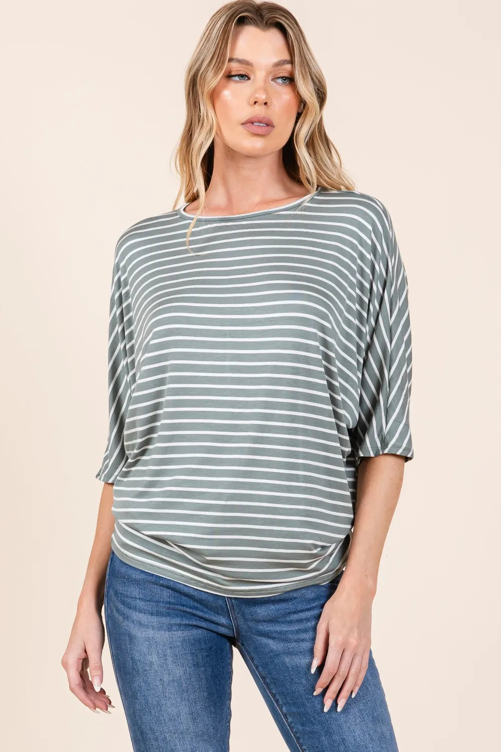BOMBOM Striped Boat Neck Dolman Sleeve Top - Lilixa.store
