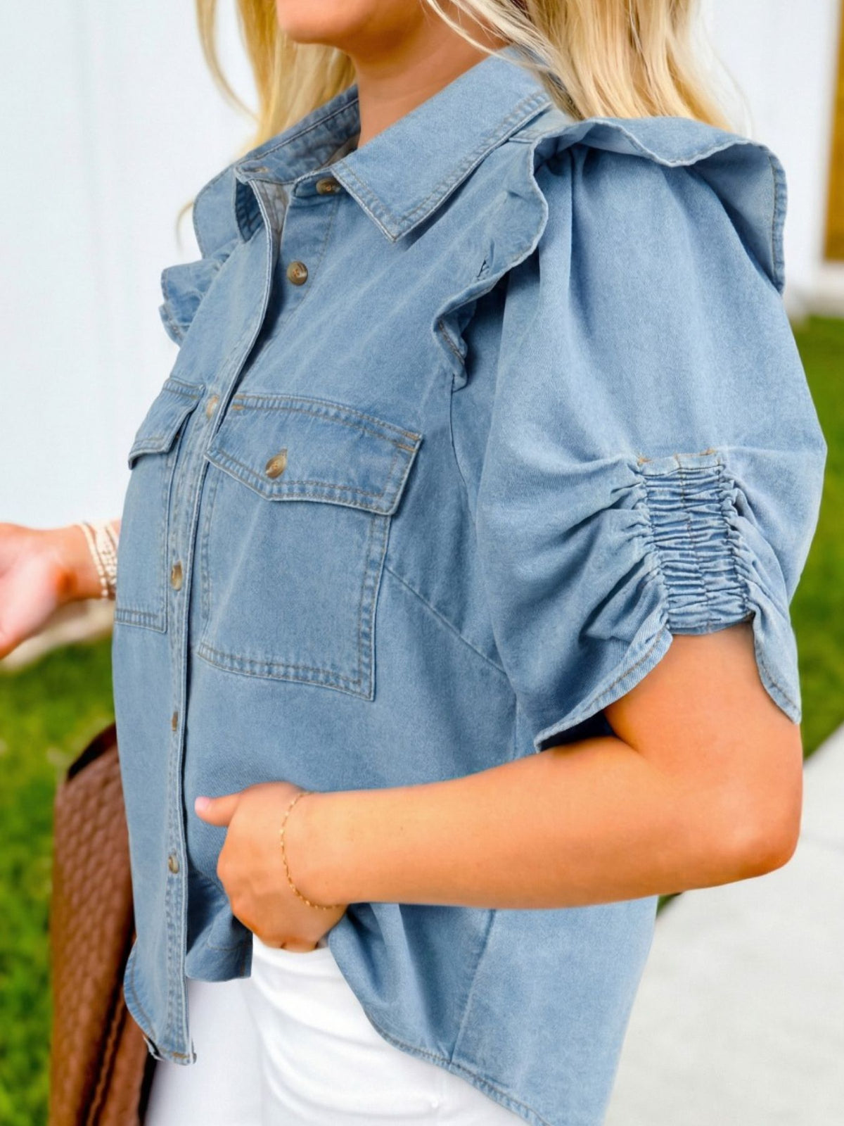 Ruffled Button-Down Denim Shirt - Lilixa.store