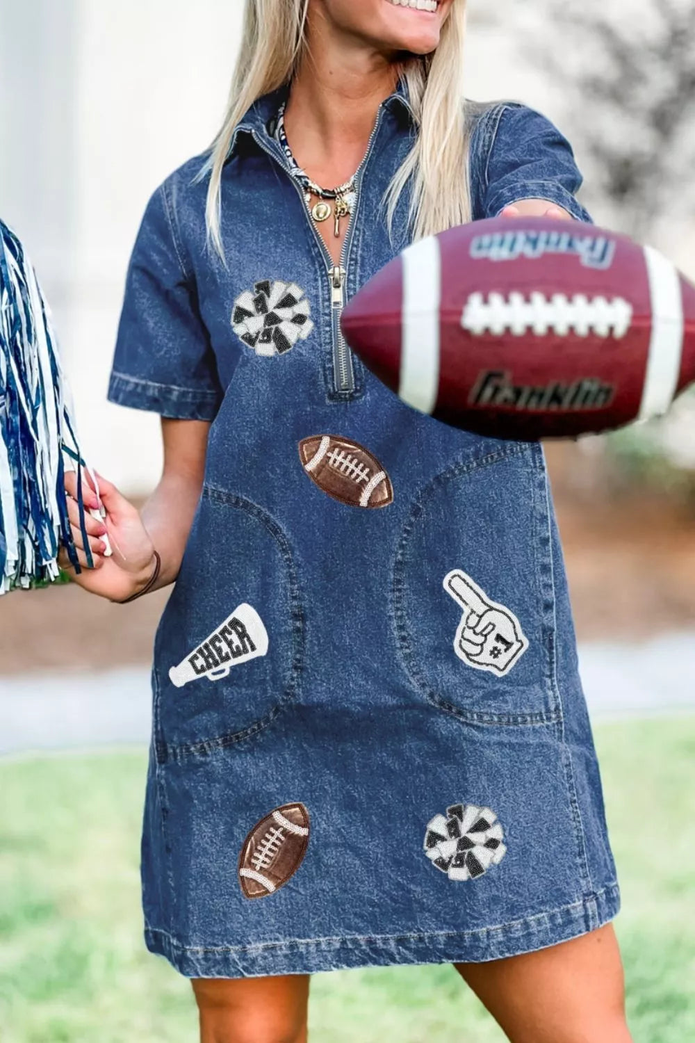 Sequin Football Cheer Patches Game Day Denim Mini Dress - Lilixa.store