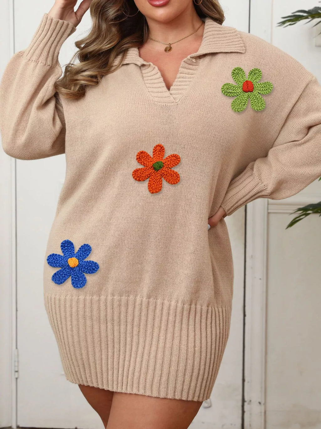 Plus Size Floral Applique Ribbed Hem Sweater Dress - Lilixa.store