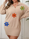 Plus Size Floral Applique Ribbed Hem Sweater Dress - Lilixa.store