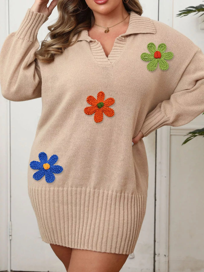 Plus Size Floral Applique Ribbed Hem Sweater Dress - Lilixa.store