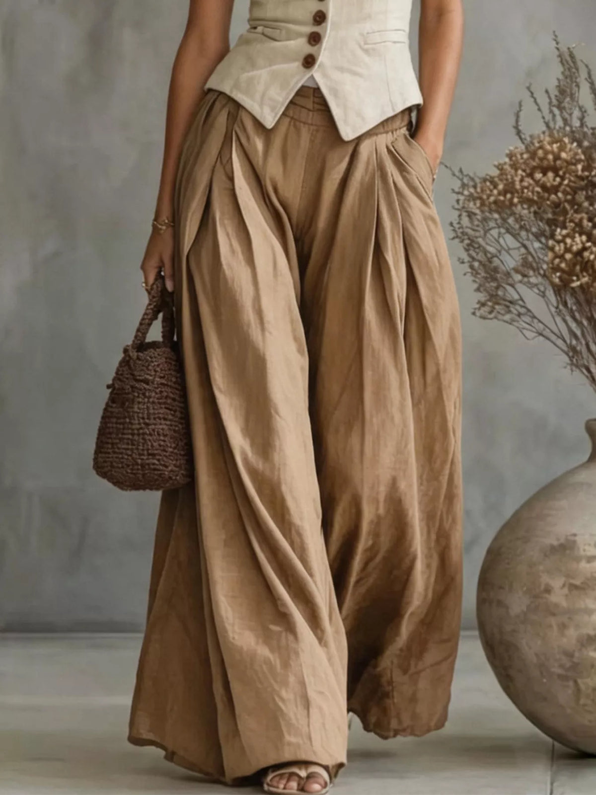 High-Waisted Pleated Wide-Leg Pants in Deep Khaki Color, view 3