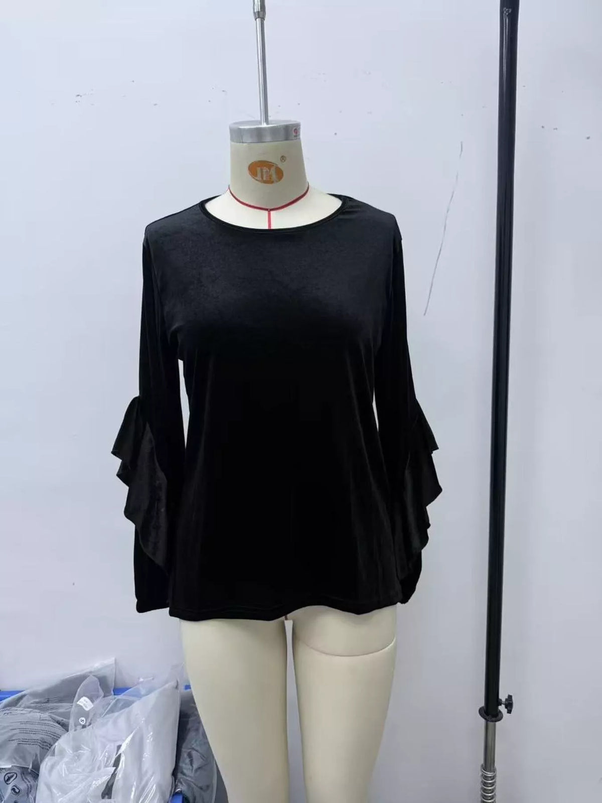 Velvet Round Neck Ruffle Sleeve Top