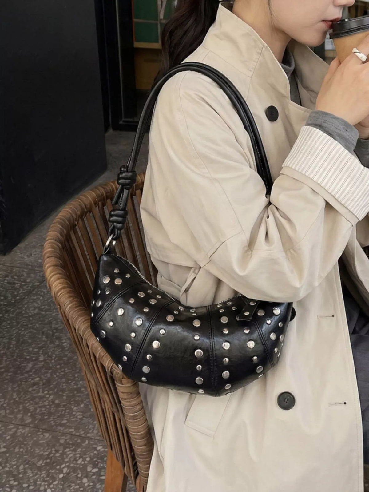 Studded Crescent Shoulder Bag - Lilixa.store