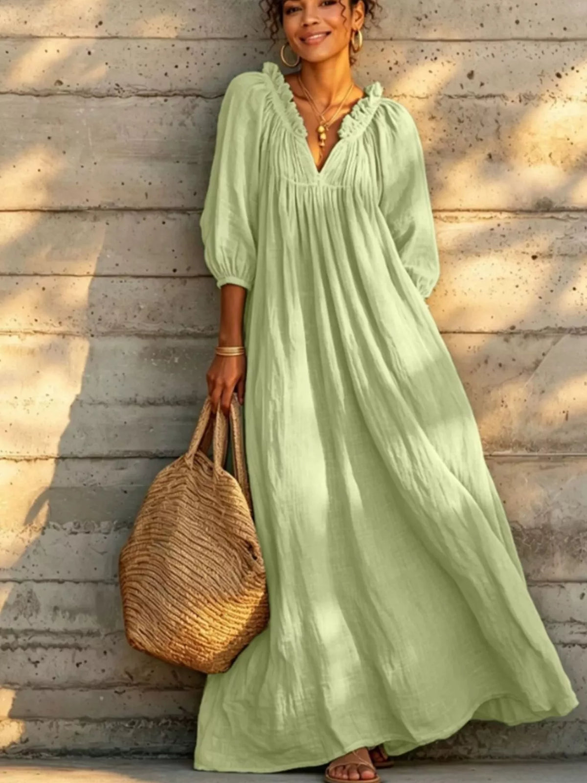 Tiered Notched 3/4 Sleeve Maxi Dress - Lilixa.store