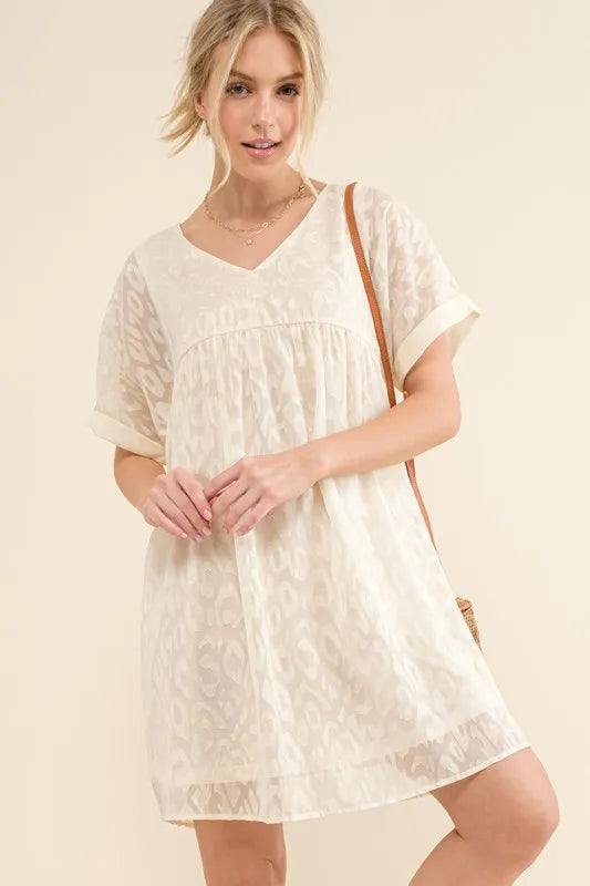 And The Why Woven Leopard Baby Doll Roll-Sleeve Casual Dress - Lilixa.store