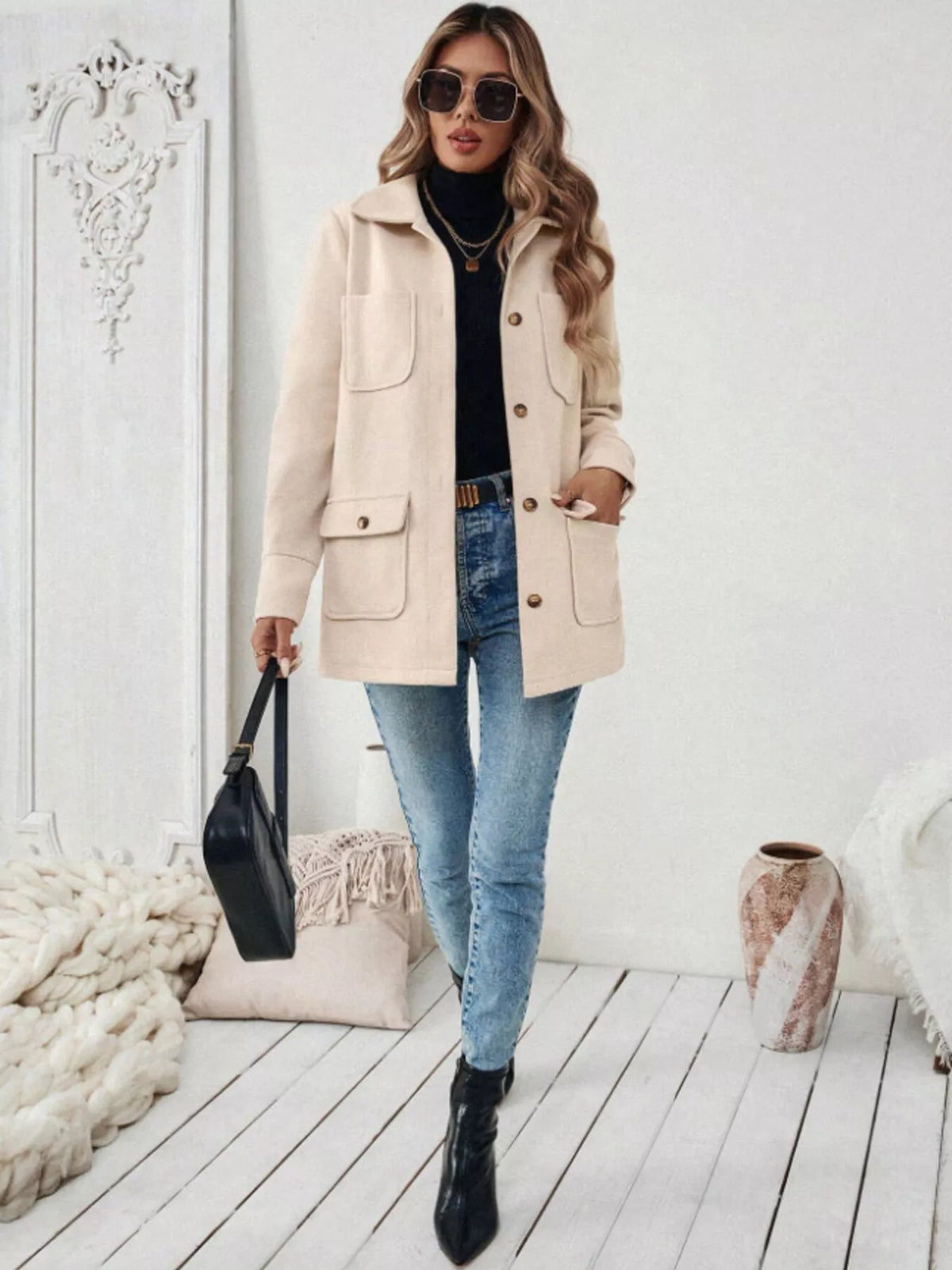 Button-Front Pocketed Long Sleeve Outerwear, view 4
