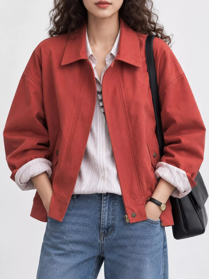 Zip Up Dropped Shoulder Jacket in Red