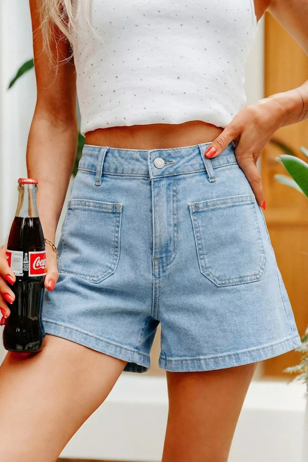High Rise Patch Pocket Denim Shorts - Lilixa.store