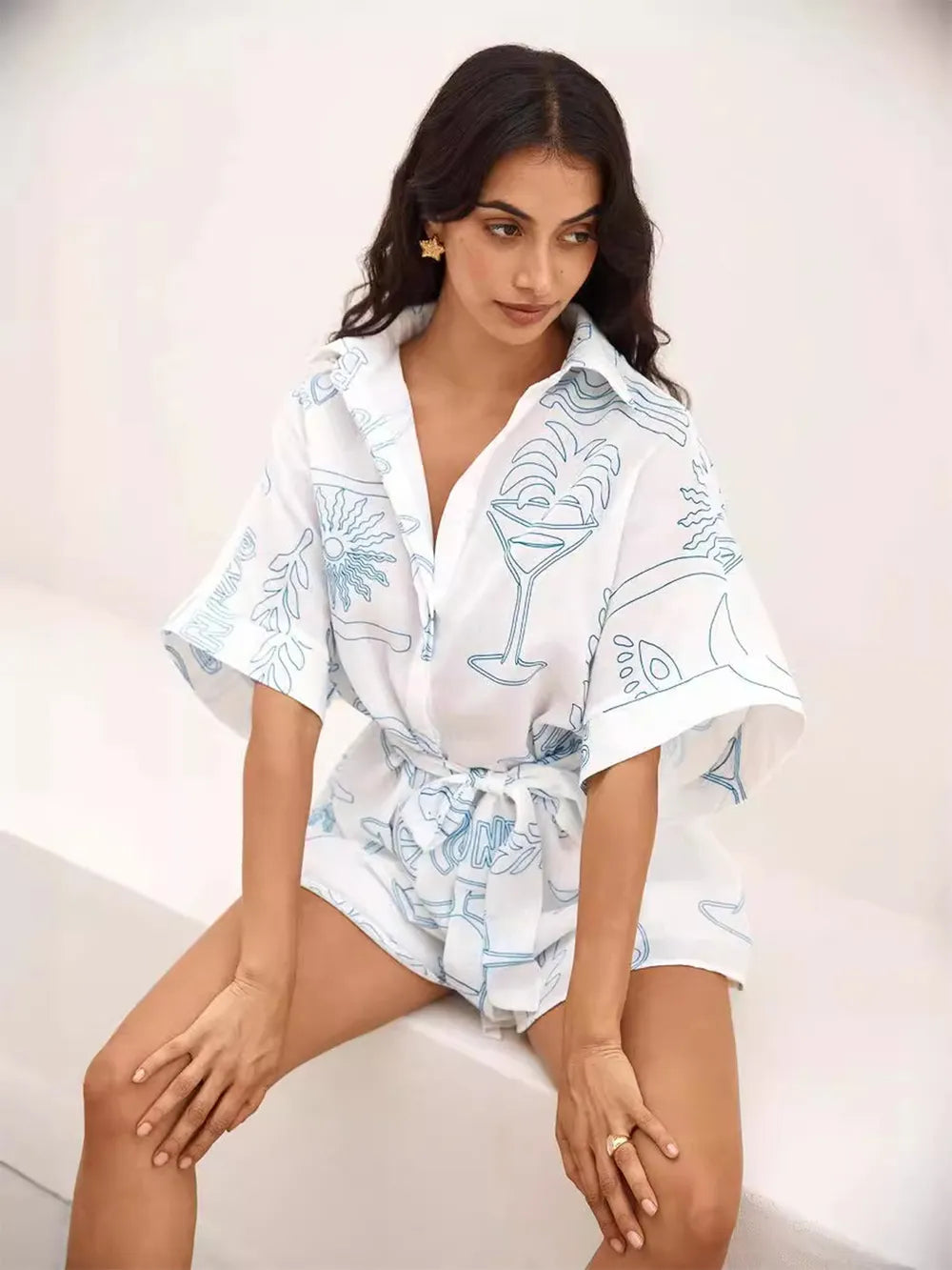 Printed Collared Neck Half Sleeve Romper - Lilixa.store