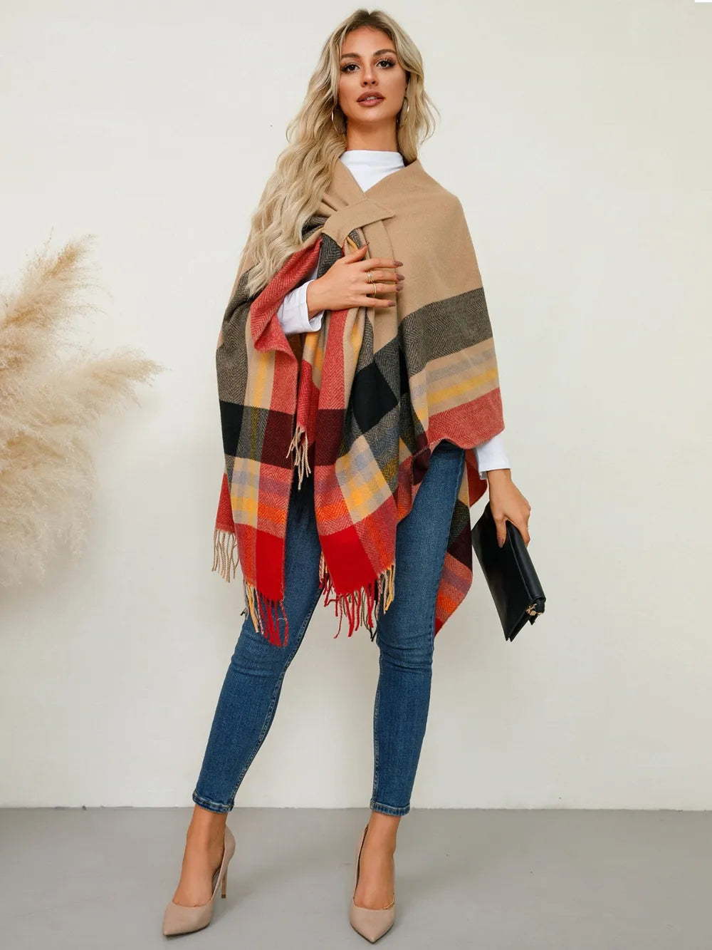 Fringe Contrast Plaid Poncho - Lilixa.store