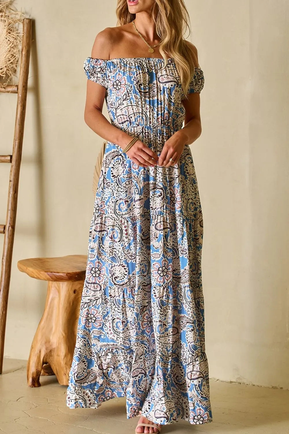 Boho Paisley Print Off Shoulder Maxi Dress in Dusty Blue, view 5