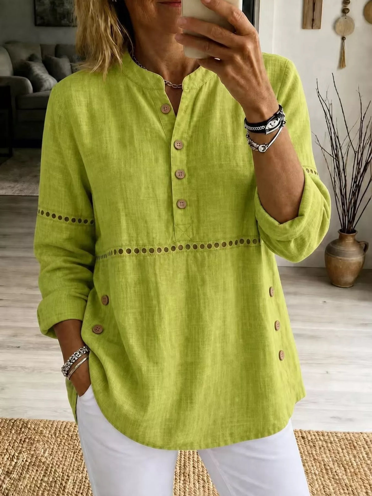 Full Size Button Detail Eyelet Long Sleeve Blouse Plus Size in Fluorescent Yellow