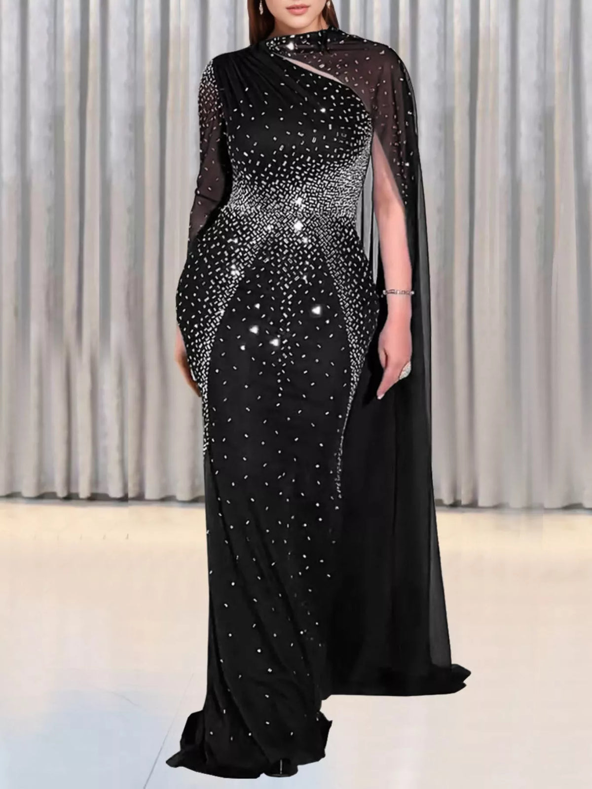 Rhinestone Embellished Cape Maxi Dress - Lilixa.store